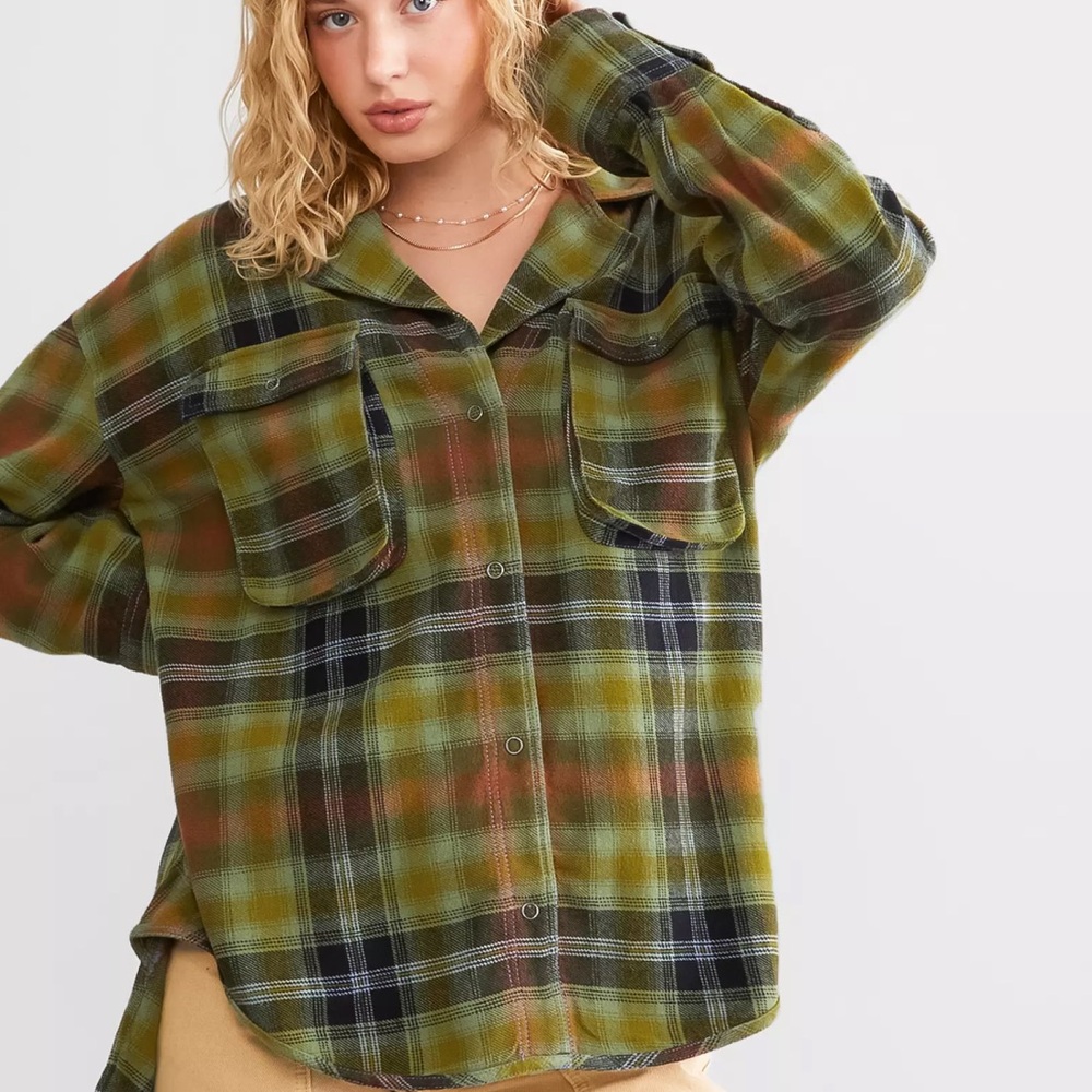 Free People Green Plaid Button Down Shirt